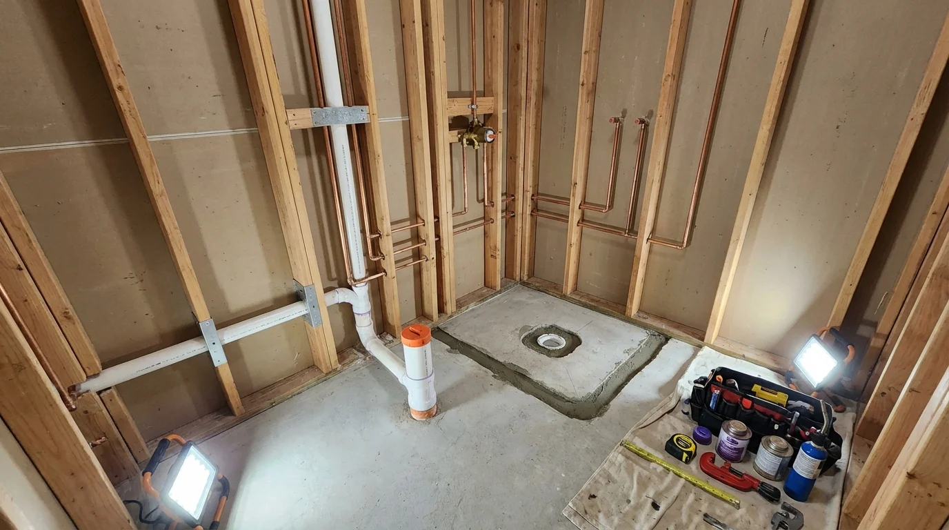 Bathroom rough-in plumbing during remodel by Johns Plumbing LLC in Wright City