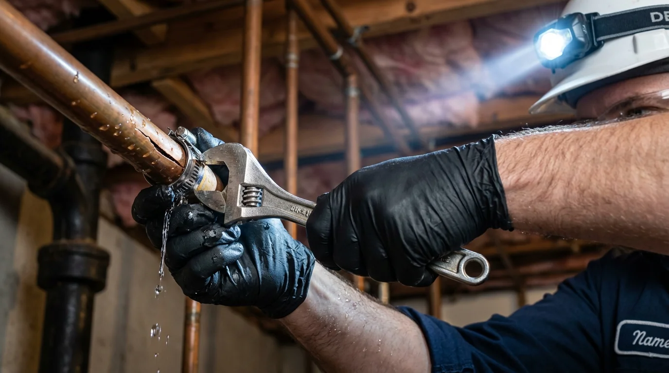 Emergency pipe clamp repair being performed by a Johns Plumbing LLC plumber in Wright City