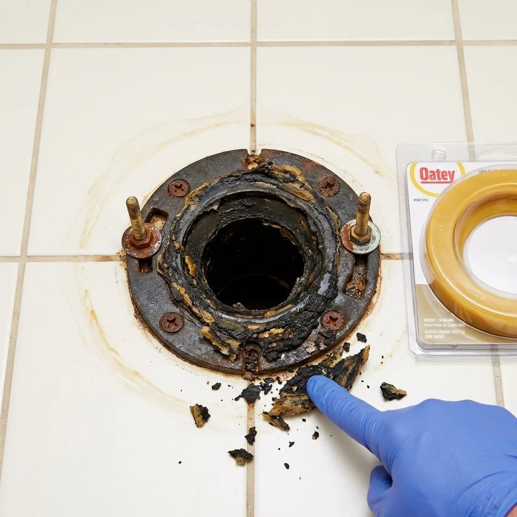 Failed wax ring showing water seepage at the base of a toilet in a Wright City, MO home