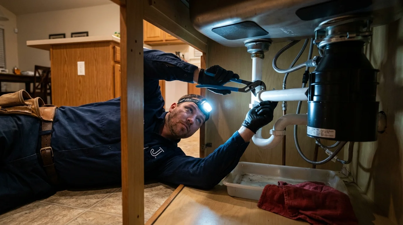 P-trap and supply line connections under a kitchen sink showing a common leak point in Wright City, MO